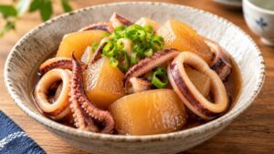 イカと大根を甘辛く煮付けて器に盛り付けた料理写真