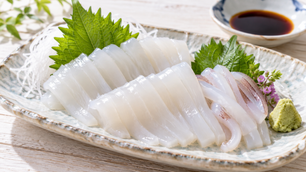 細く切ったイカの刺身を大葉や大根のつま、わさびと盛り付けた料理写真