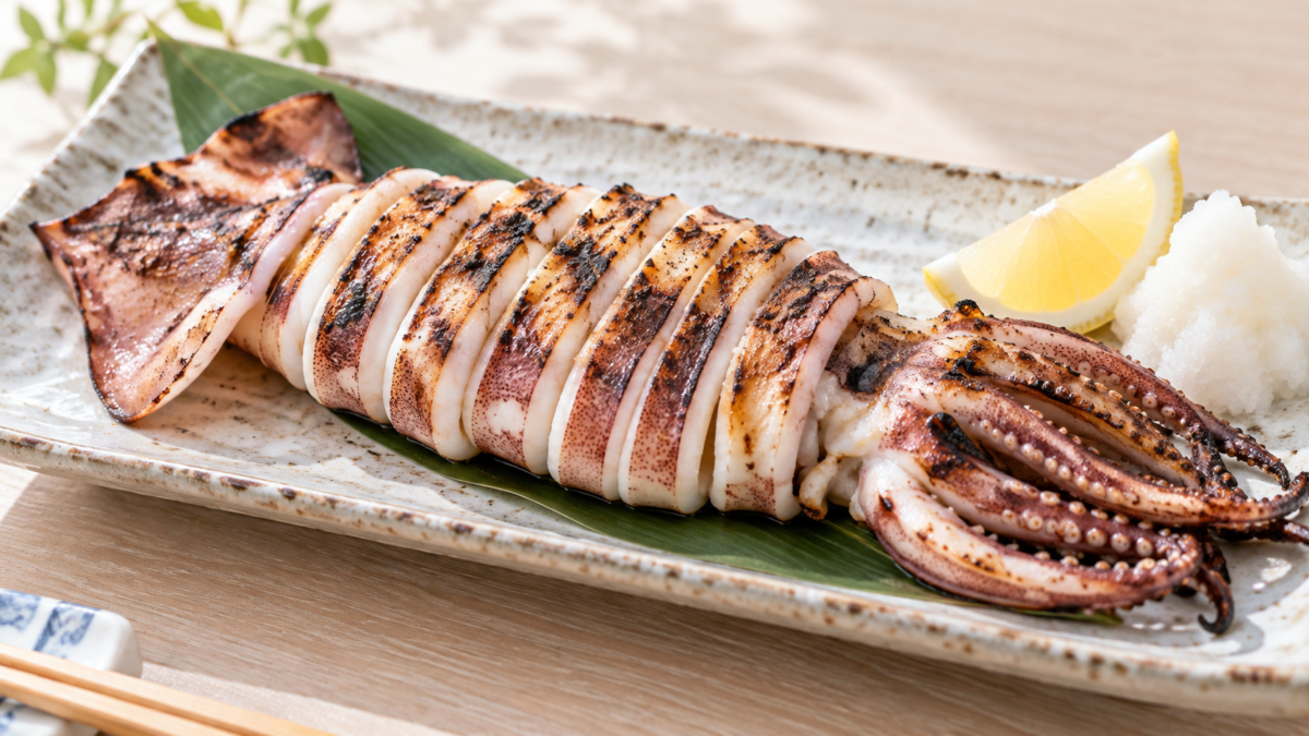 切り込みを入れて香ばしく焼いたイカの塩焼きを大根おろしとレモンと盛り付けた料理写真