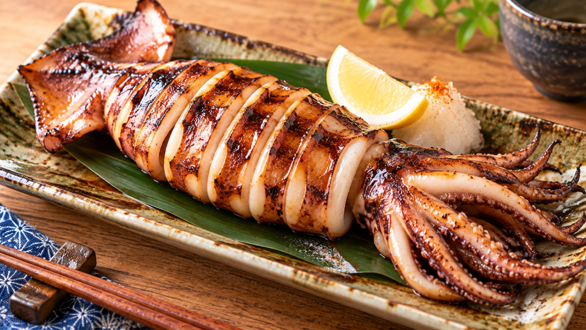甘辛いタレを塗って丸ごと香ばしく焼いたイカの姿焼きの料理写真