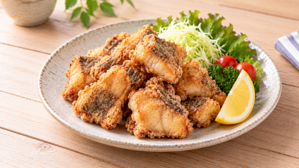 一口大に揚げたイサキの唐揚げを野菜やレモンと盛り付けた料理写真