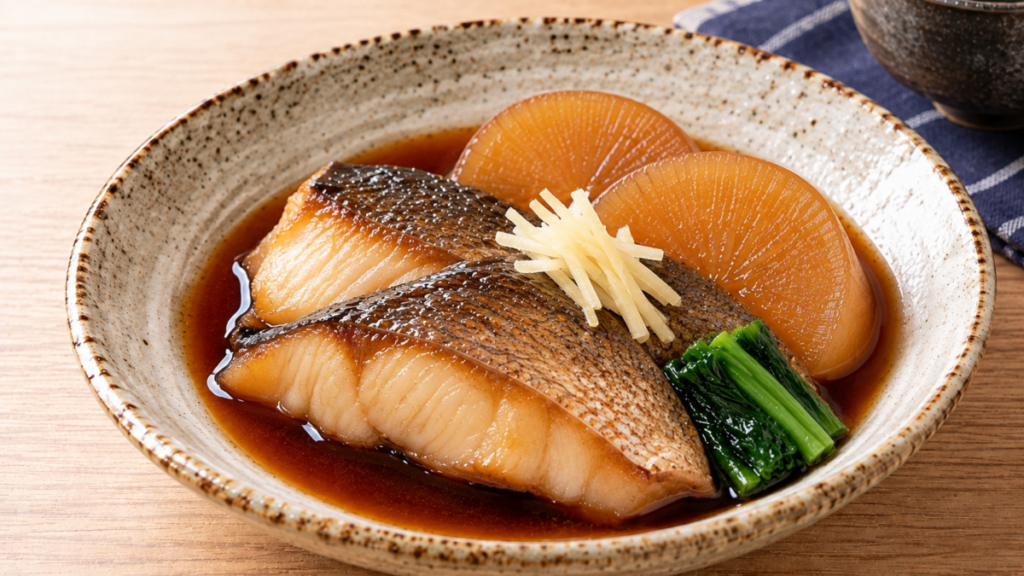 イサキの切り身を大根や青菜と一緒に煮付けた料理写真