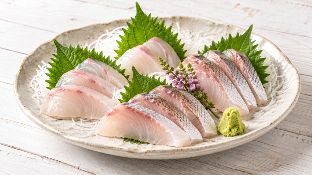 イサキの刺身を大葉と大根のつま、わさびと一緒に盛り付けた料理写真