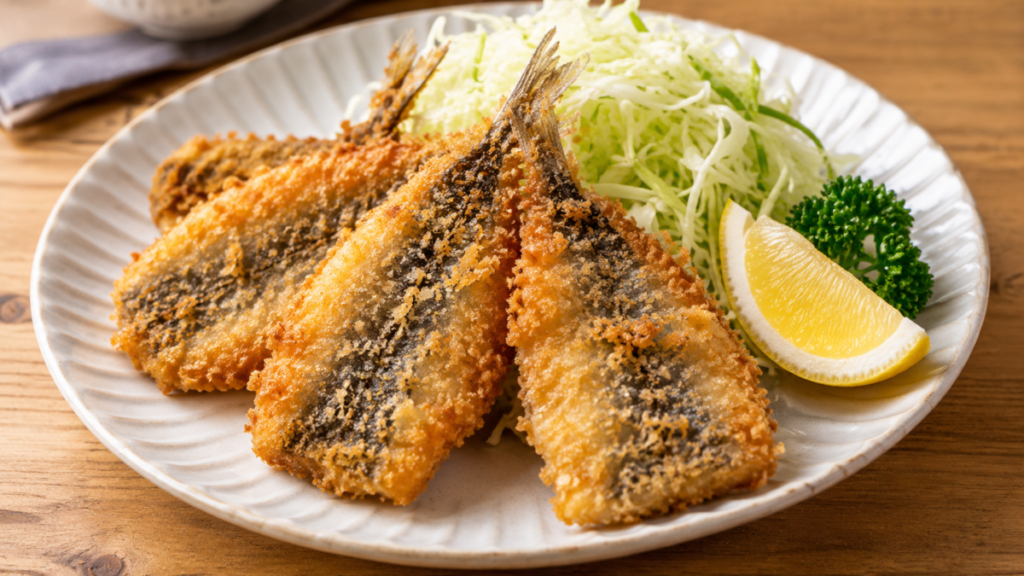 開いたイワシにパン粉を付けて揚げ、千切りキャベツ、ブロッコリー、レモンと盛り付けたフライの料理写真