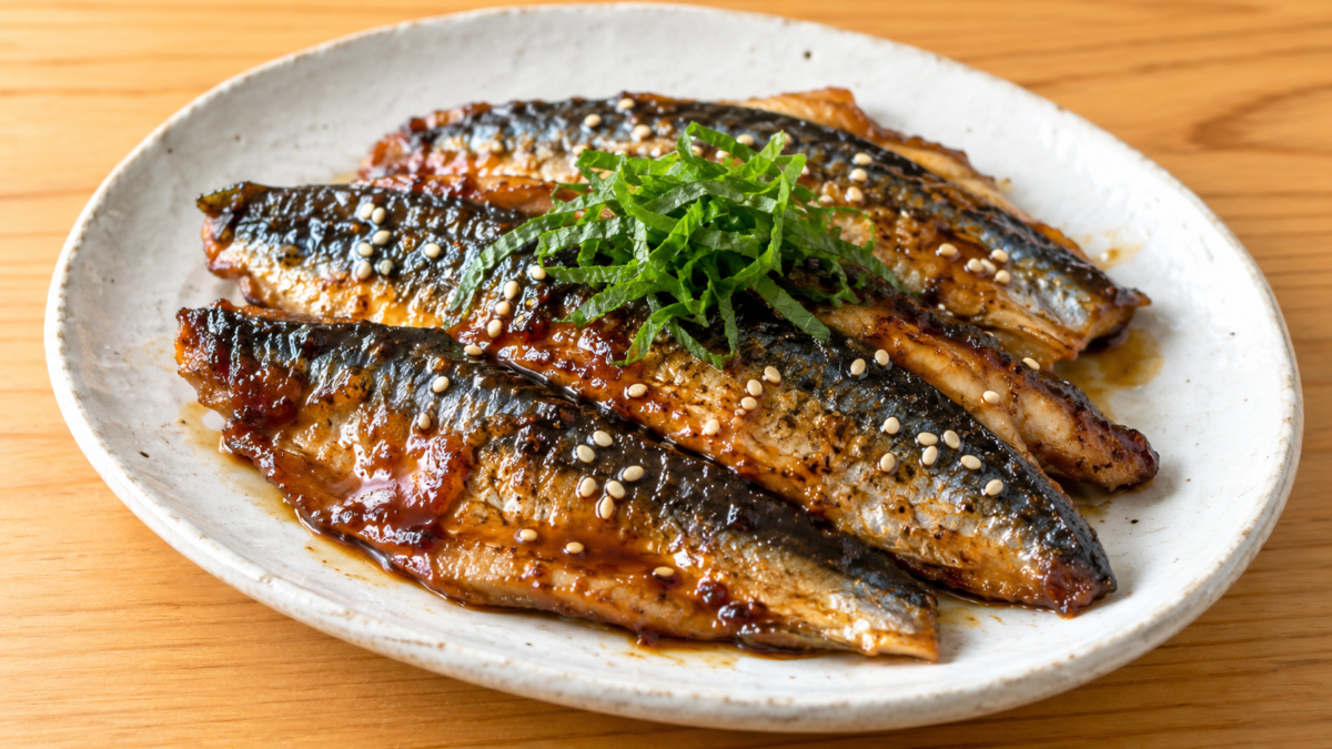 開いたイワシを甘辛いタレで香ばしく焼き、大葉と白ごまを添えた蒲焼きの料理写真