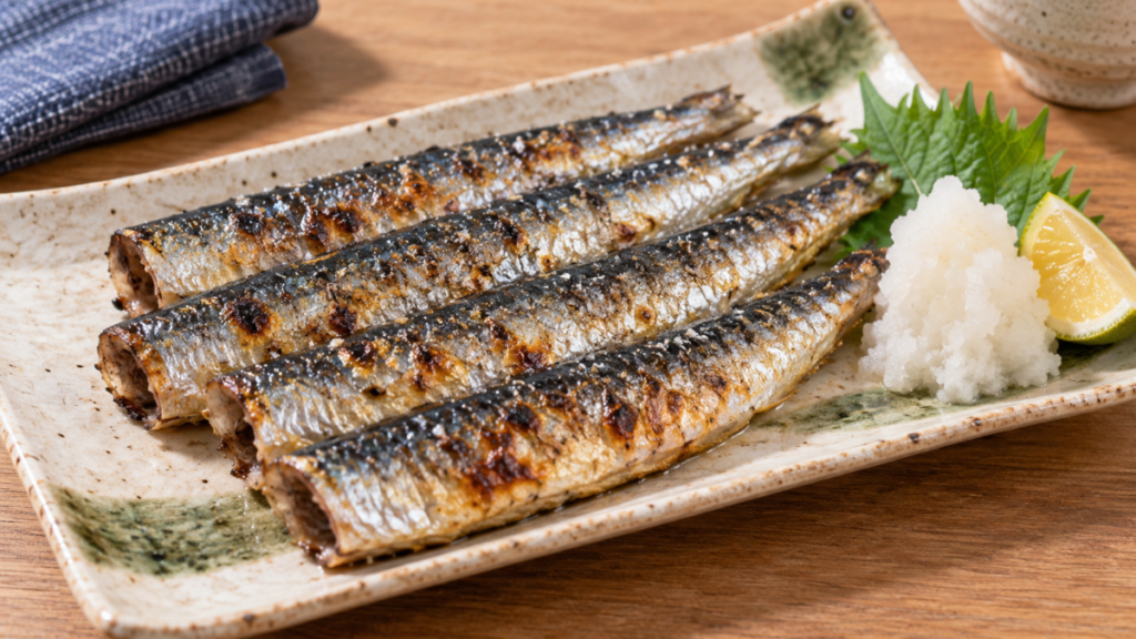 丸ごとのイワシを香ばしく塩焼きにし、大葉、大根おろし、すだちを添えた料理写真