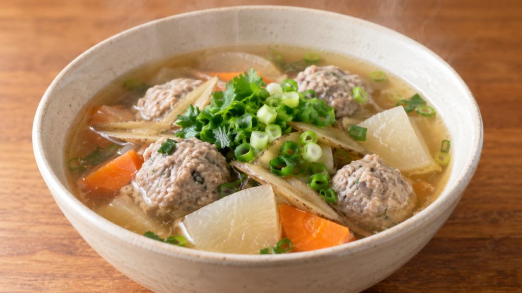 イワシのつみれと大根、にんじん、ごぼう、青ねぎを入れたつみれ汁の料理写真