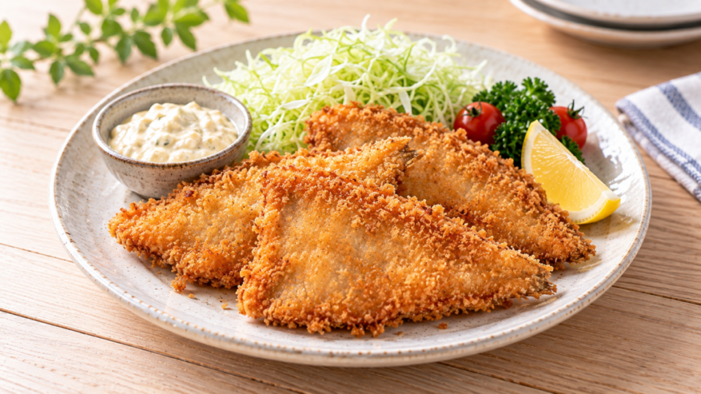 パン粉を付けて揚げたカレイのフライをキャベツやトマト、レモンと盛り付けた料理写真