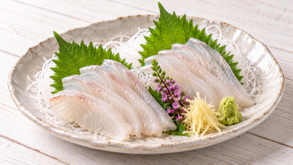 薄く切ったカレイの刺身を大葉と大根のつま、しょうが、わさびと盛り付けた料理写真