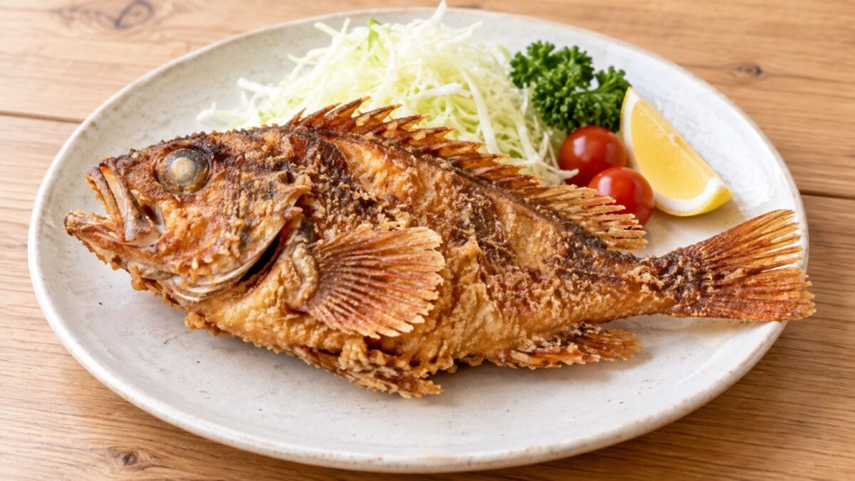 丸ごとカリッと揚げたカサゴの唐揚げをキャベツやレモンと盛り付けた料理写真
