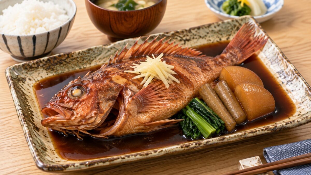 丸ごとのカサゴを大根や青菜、しょうがと甘辛く煮付けた料理写真