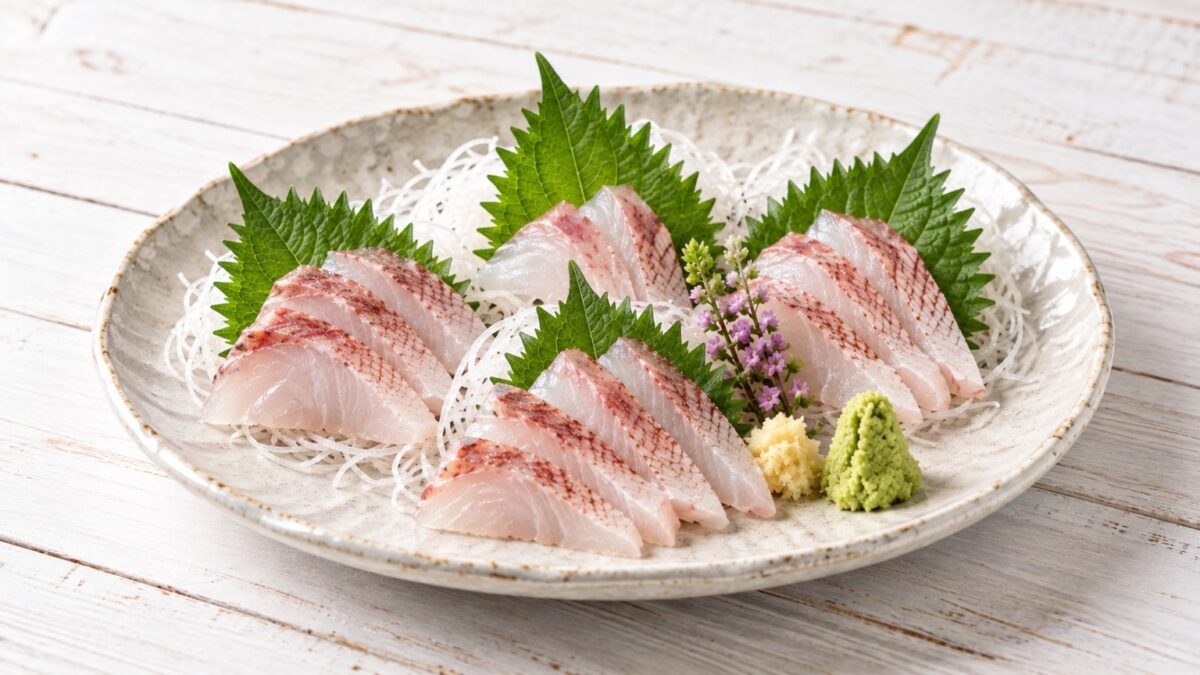 カサゴの刺身を大葉と大根のつま、しょうが、わさびと盛り付けた料理写真