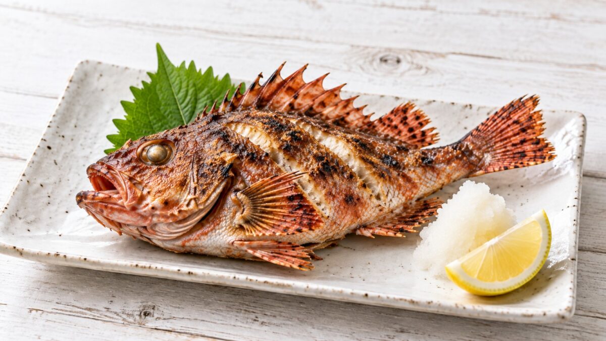 丸ごと香ばしく焼いたカサゴの塩焼きを大葉、大根おろし、レモンと盛り付けた料理写真