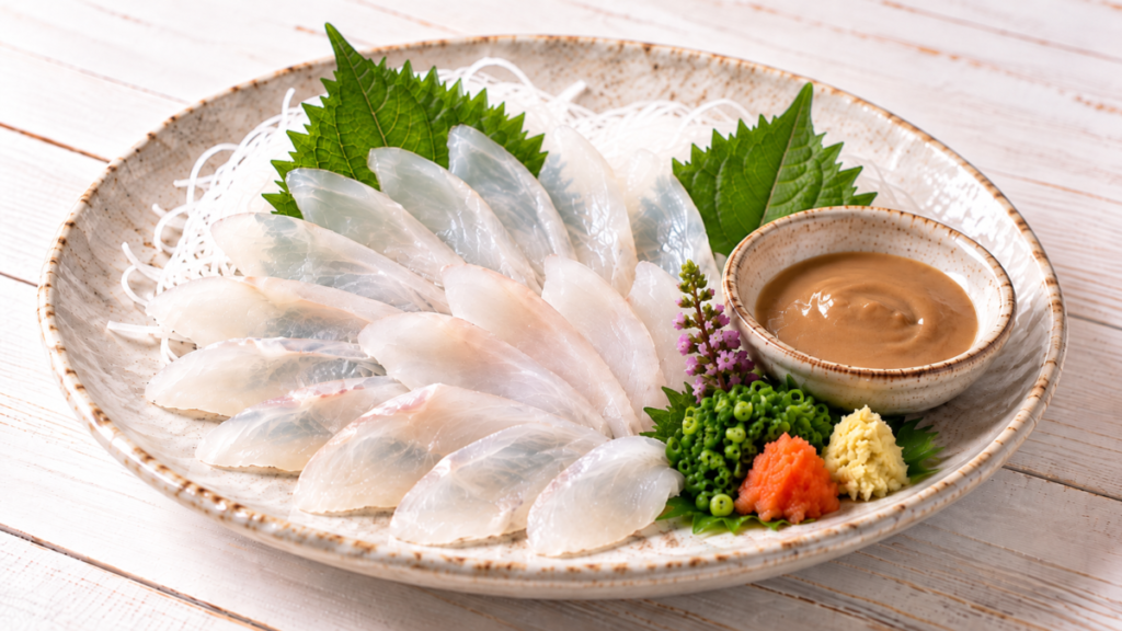 カワハギの薄造りに加熱してなめらかにした肝だれを添えた料理写真