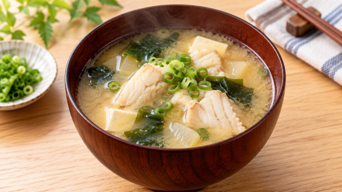 カワハギの白身と豆腐、わかめ、青ねぎを入れた味噌汁の料理写真
