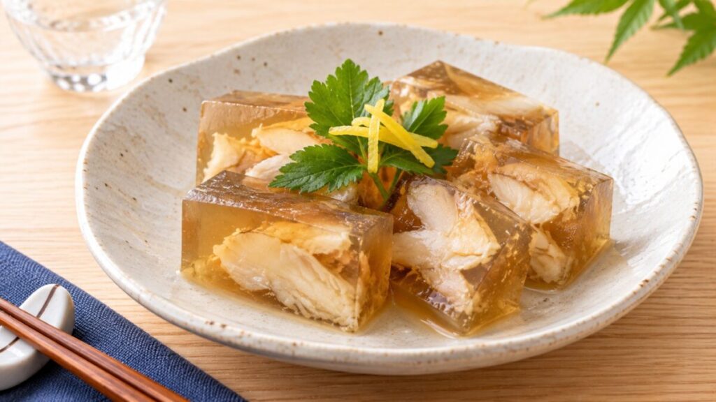 カワハギの白身を煮汁と一緒に透明な煮こごりにして切り分けた料理写真
