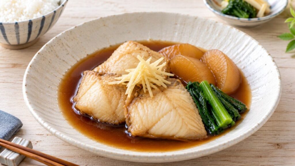 カワハギの切り身を大根や青菜、針しょうがと甘辛く煮付けた料理写真