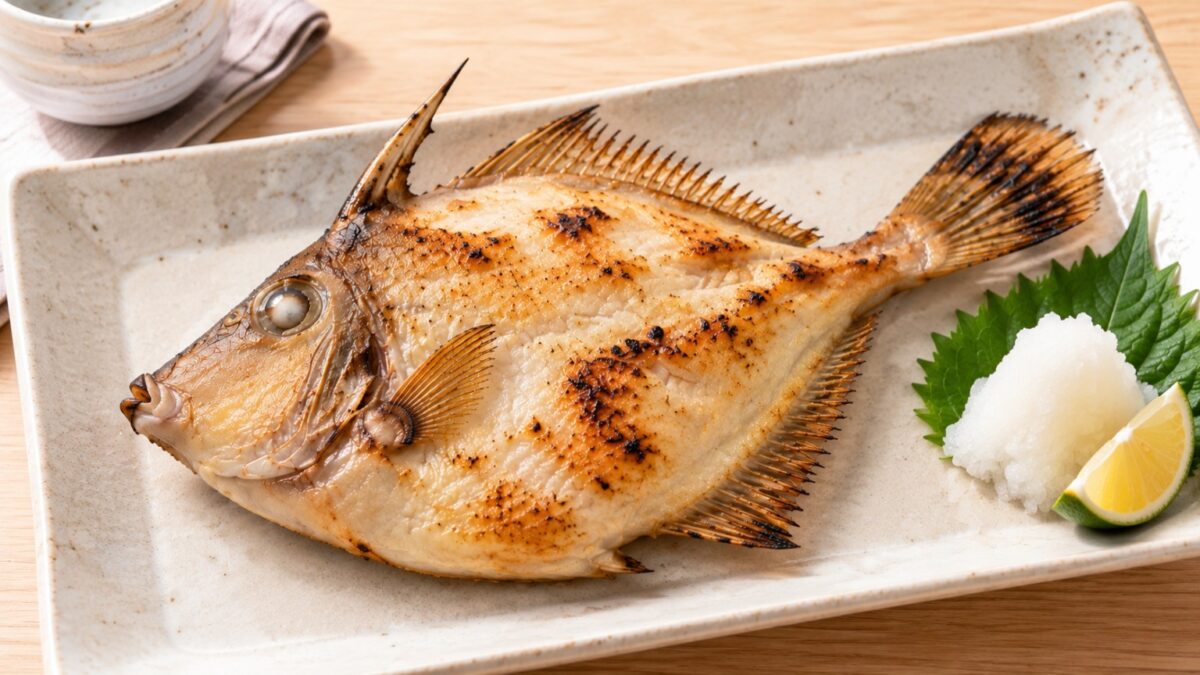 カワハギを丸ごと香ばしく焼き、大根おろしと柑橘を添えた塩焼きの料理写真