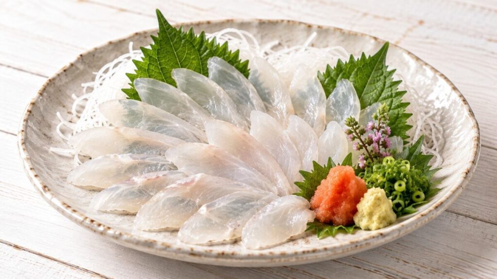 薄くそぎ切りにしたカワハギの刺身を大葉と大根のつま、薬味と盛り付けた料理写真