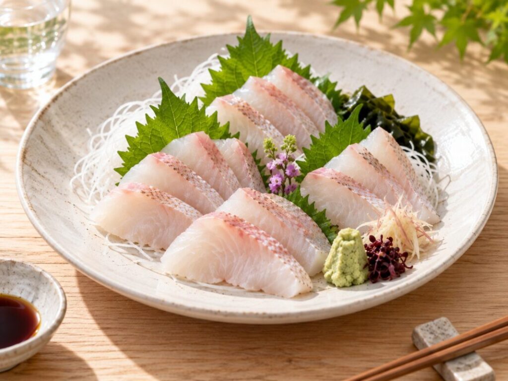 キジハタの刺身を大葉と大根のつま、しょうが、わさびと盛り付けた料理写真