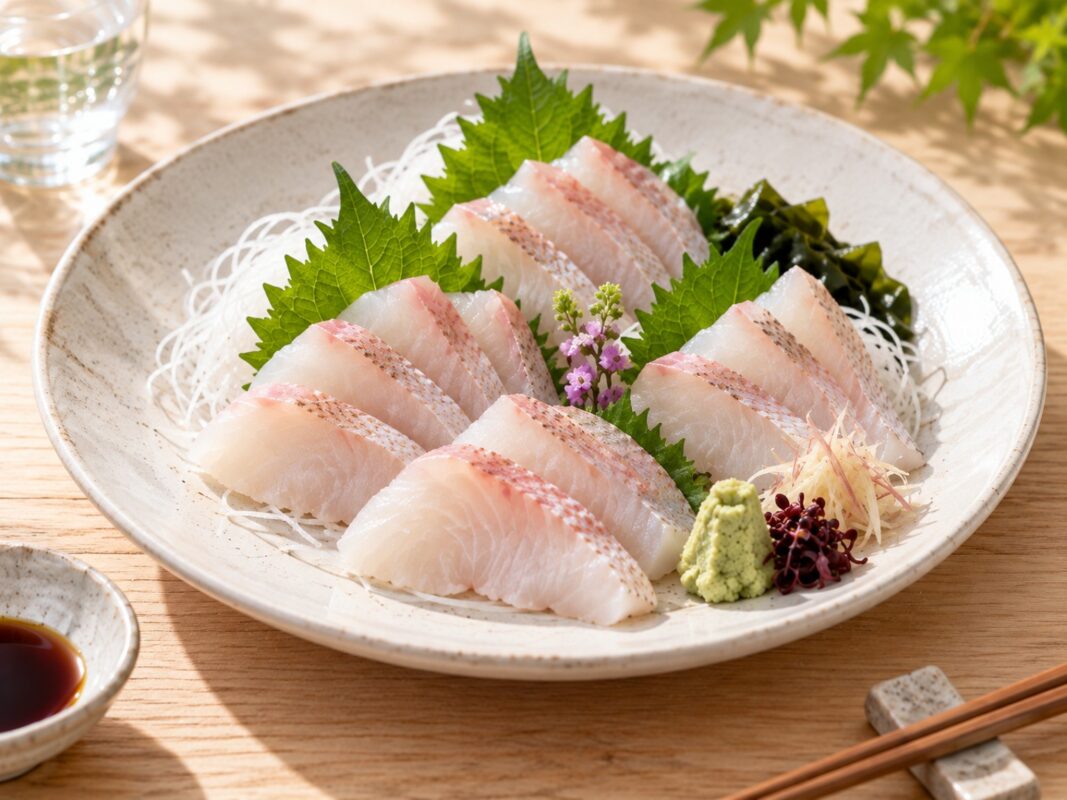 キジハタの刺身を大葉と大根のつま、しょうが、わさびと盛り付けた料理写真