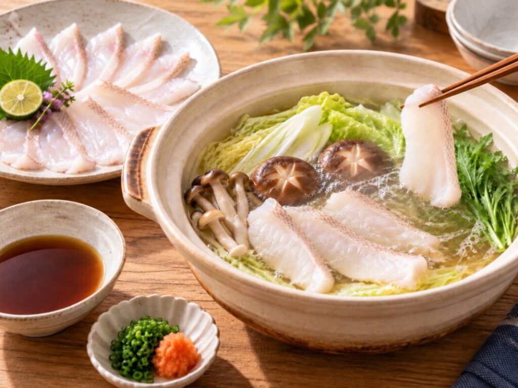 キジハタの薄切りと白菜、きのこ、水菜を土鍋のだしで味わうしゃぶしゃぶの料理写真