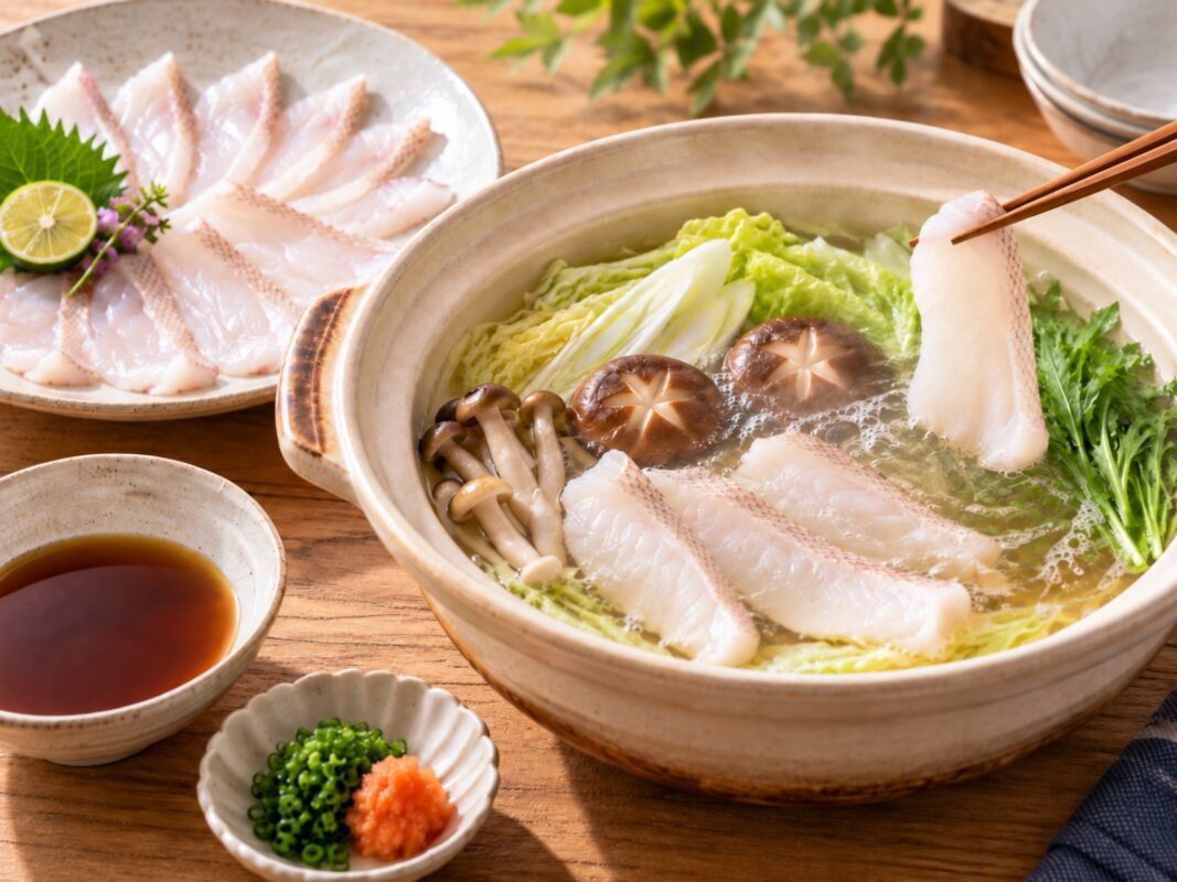 キジハタの薄切りと白菜、きのこ、水菜を土鍋のだしで味わうしゃぶしゃぶの料理写真