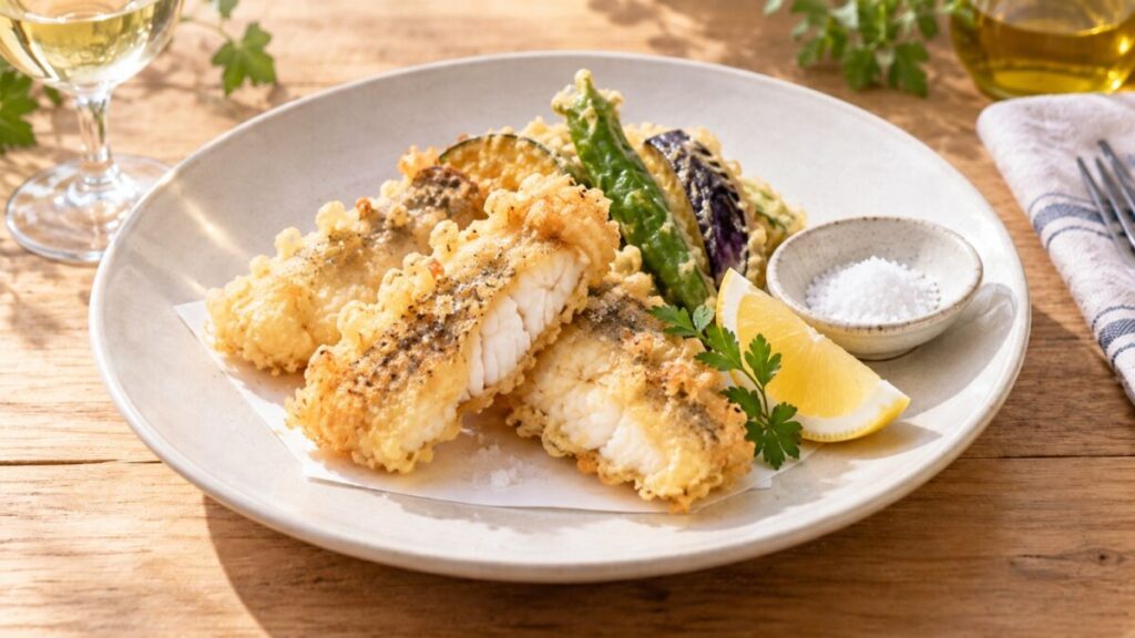 キジハタの白身を衣で揚げ、野菜天ぷらやレモン、塩と盛り付けた料理写真