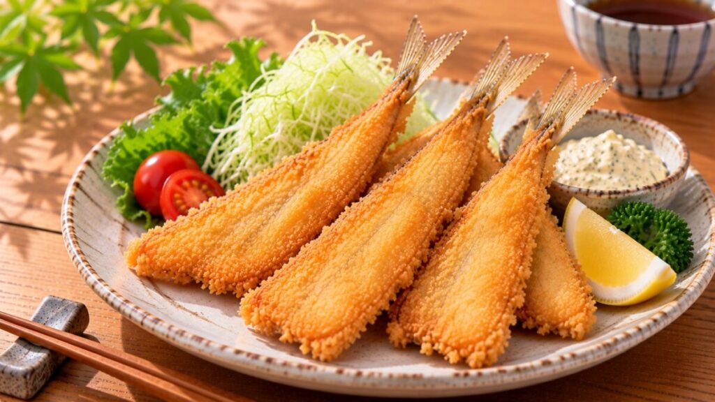 背開きにしたキスへパン粉を付けて揚げ、キャベツやレモン、タルタルソースと盛り付けた料理写真