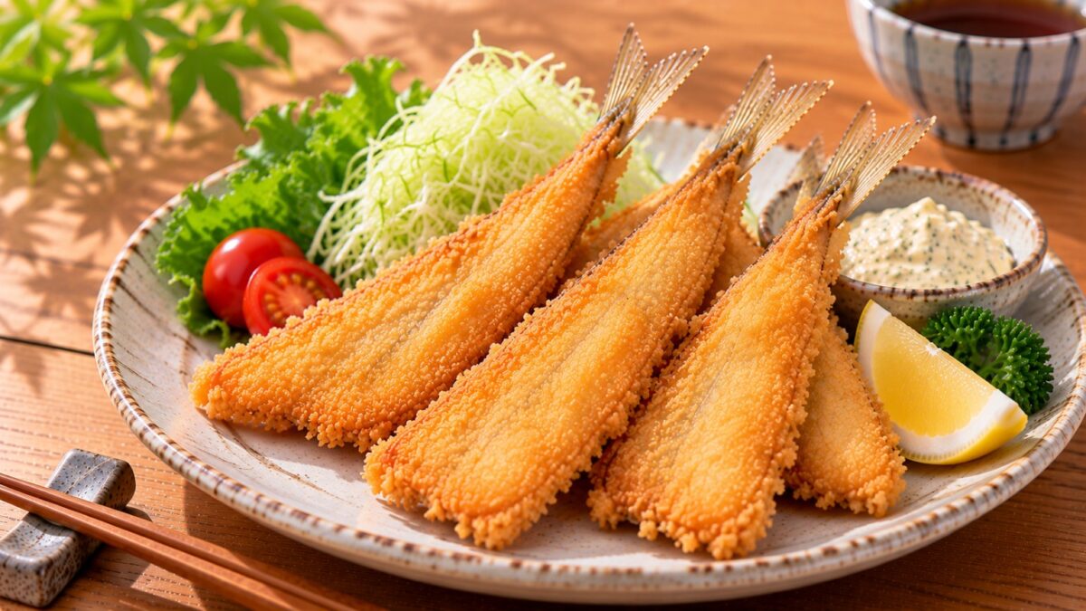 背開きにしたキスへパン粉を付けて揚げ、キャベツやレモン、タルタルソースと盛り付けた料理写真
