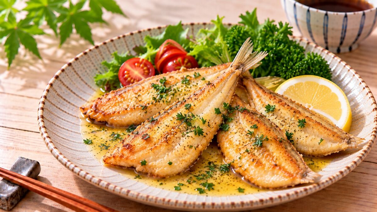 開いたキスをバターで香ばしく焼き、トマトや葉物野菜、レモンと盛り付けたムニエルの料理写真