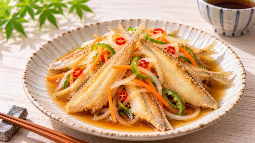 揚げたキスを玉ねぎ、にんじん、ピーマン、唐辛子と甘酢に漬けた南蛮漬けの料理写真