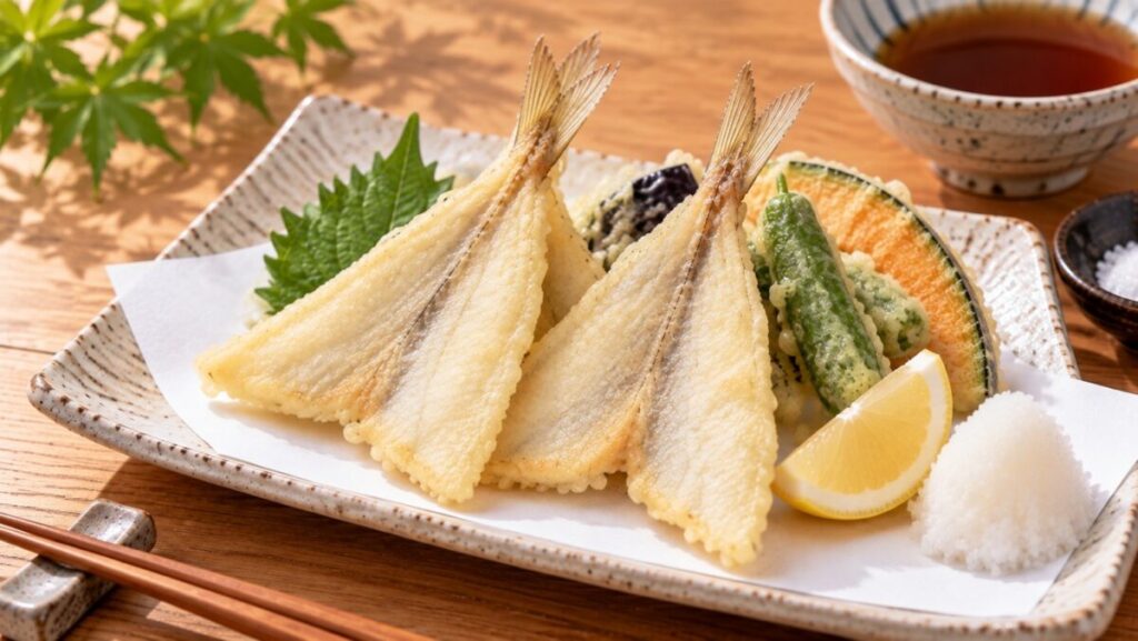 背開きにしたキスの天ぷらを野菜天ぷら、大根おろし、レモンと一緒に盛り付けた料理写真