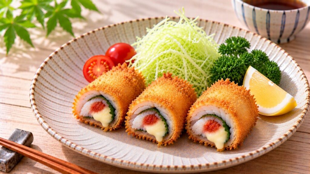 キスで大葉、梅肉、チーズを巻いて衣を付けて揚げ、断面が見えるよう盛り付けた料理写真