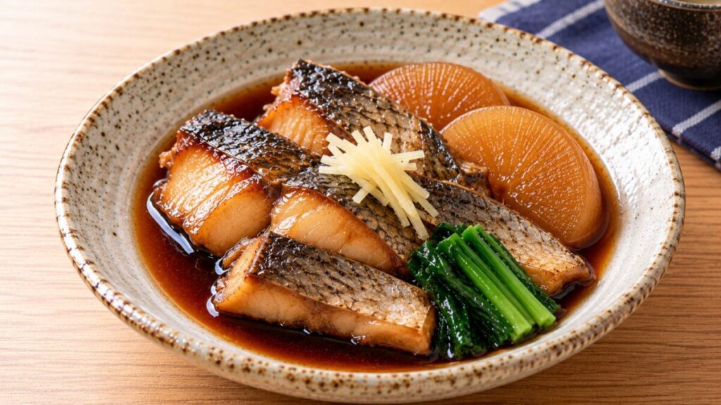 クロダイの皮付き切り身を大根、青菜、針しょうがと甘辛く煮付けた料理写真