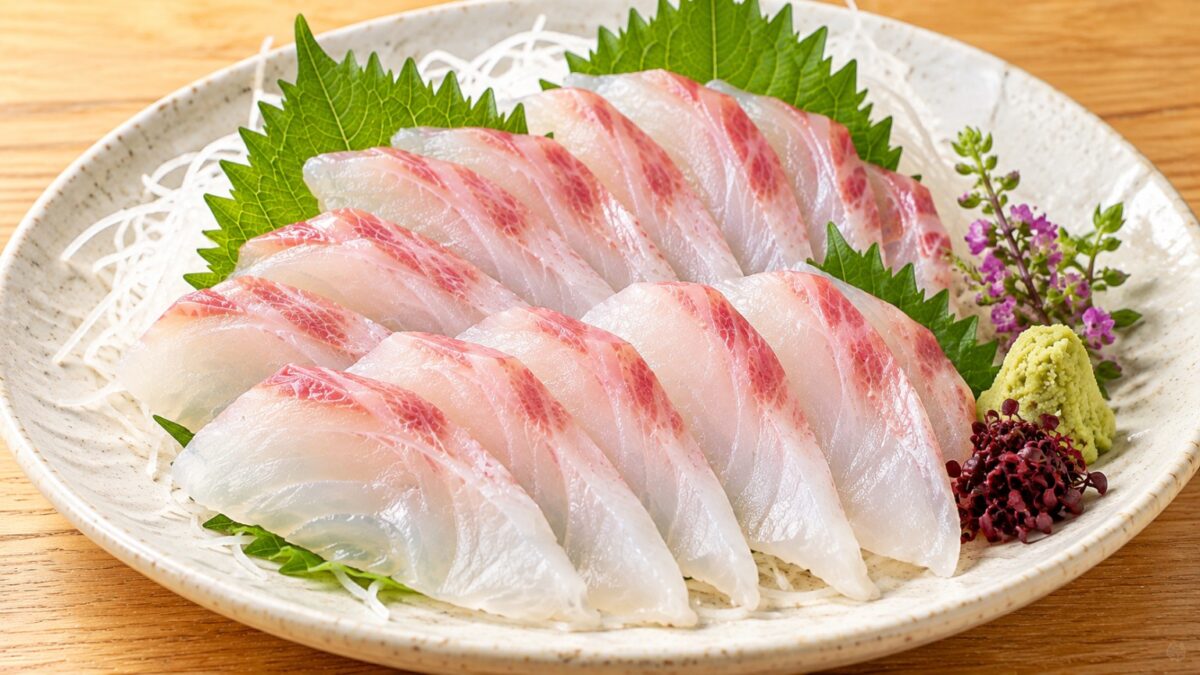 クロダイの刺身を大葉と大根のつま、わさび、薬味と盛り付けた料理写真
