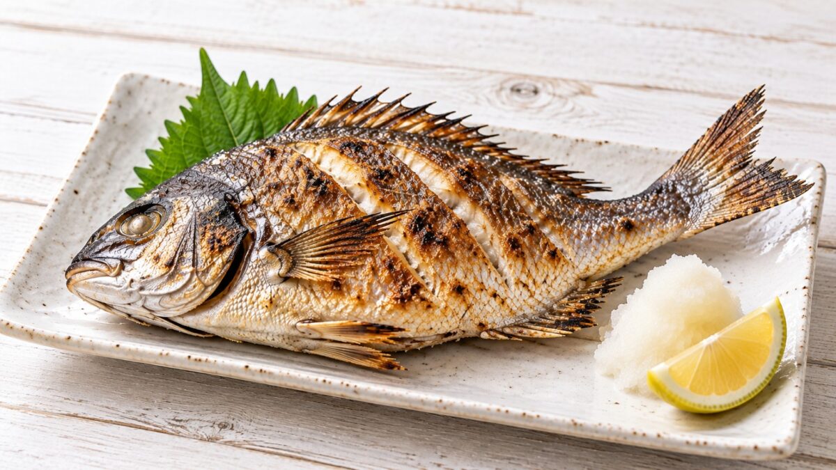 丸ごと香ばしく焼いたクロダイの塩焼きを大葉、大根おろし、レモンと盛り付けた料理写真