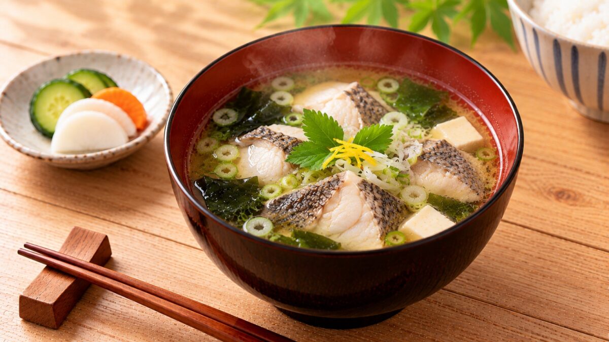 クロダイの身やアラ、豆腐、わかめ、青ねぎを入れた澄んだ潮汁の料理写真