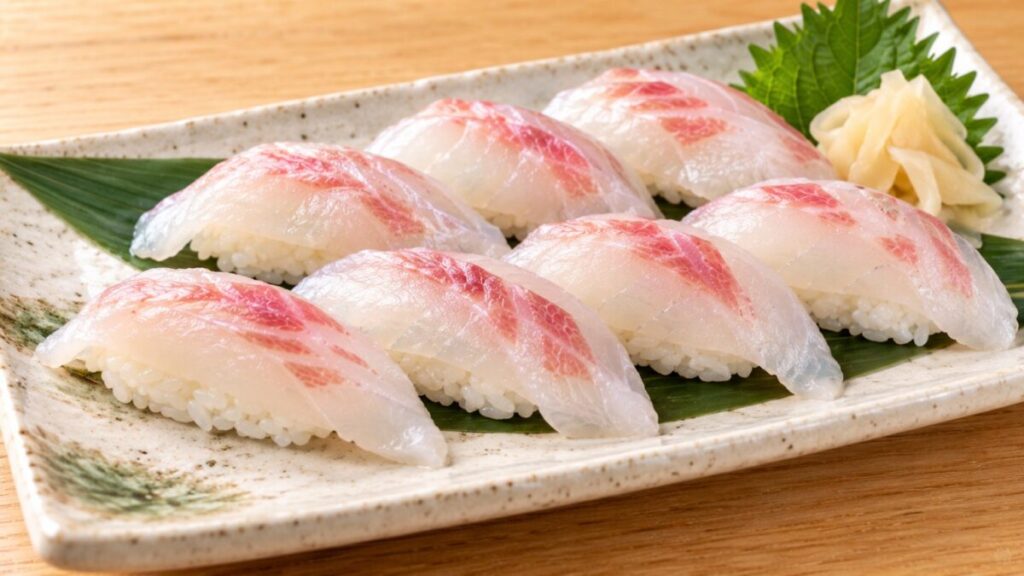 クロダイの白身を酢飯にのせて握り、しょうがと大葉を添えた握り寿司の料理写真