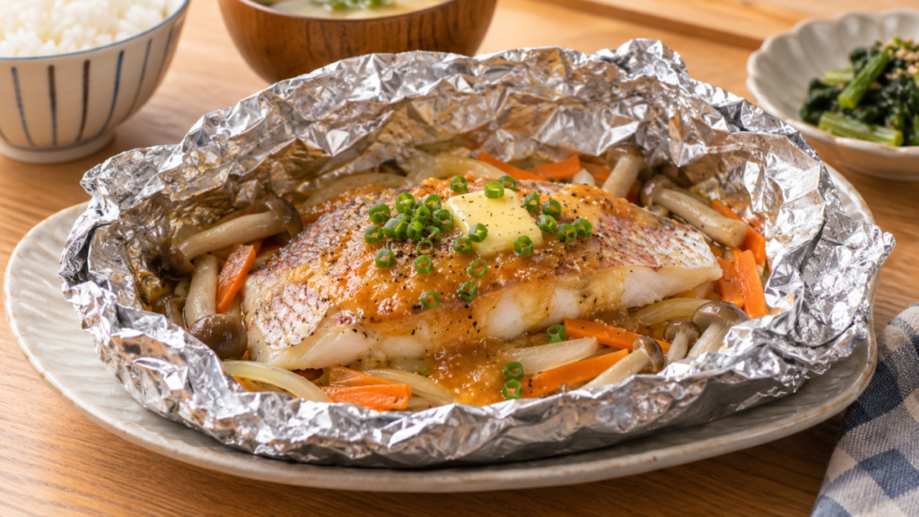 マダイの切り身を玉ねぎ、にんじん、きのことホイルで包み、味噌だれとバターをのせて焼いた料理写真
