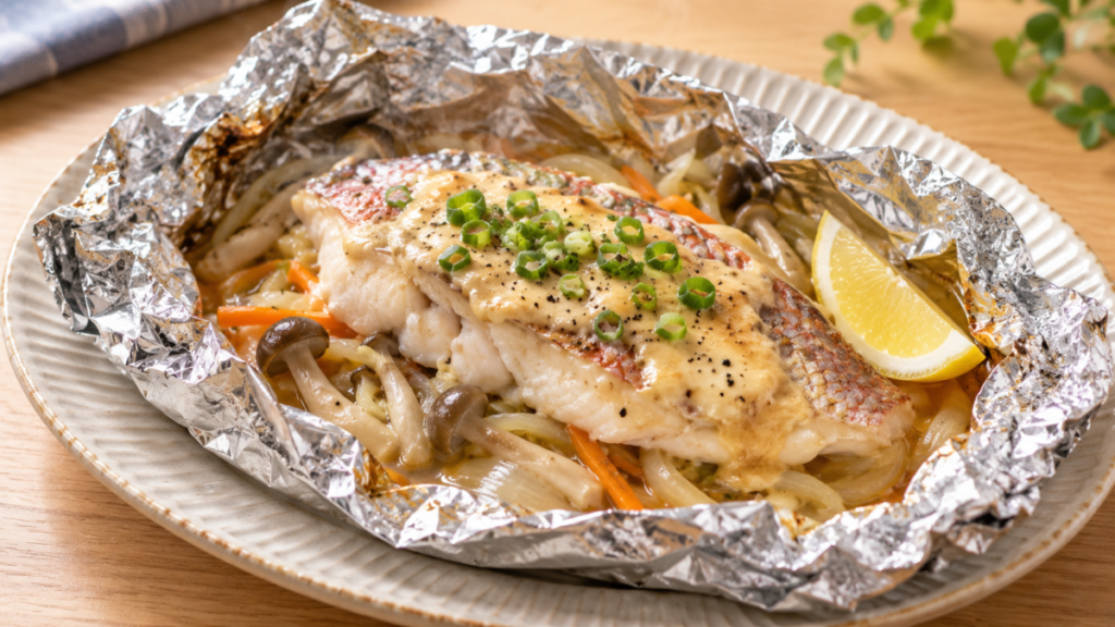 マダイの切り身を玉ねぎ、にんじん、きのことホイルで包み、味噌マヨネーズだれをのせて焼いた料理写真