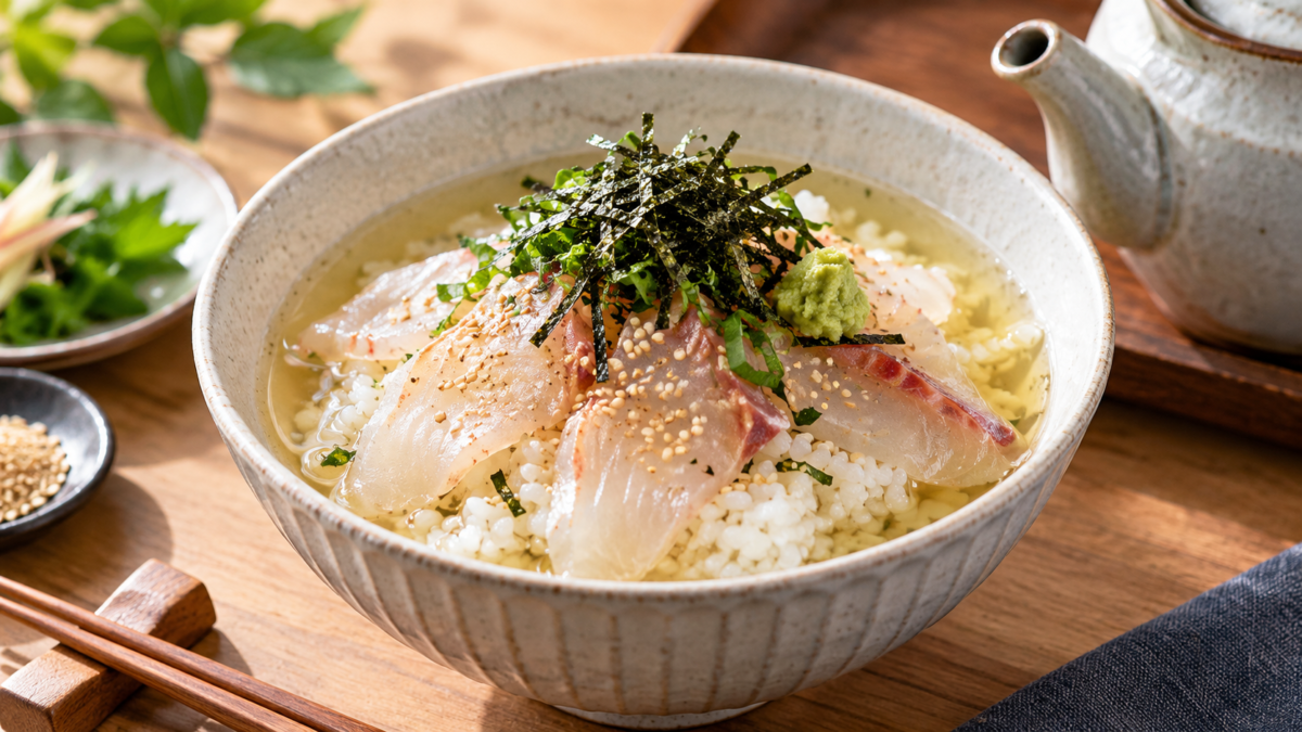 ご飯に薄切りのマダイ、刻みのり、わさび、ごまをのせ、だしをかけて味わう鯛茶漬けの料理写真