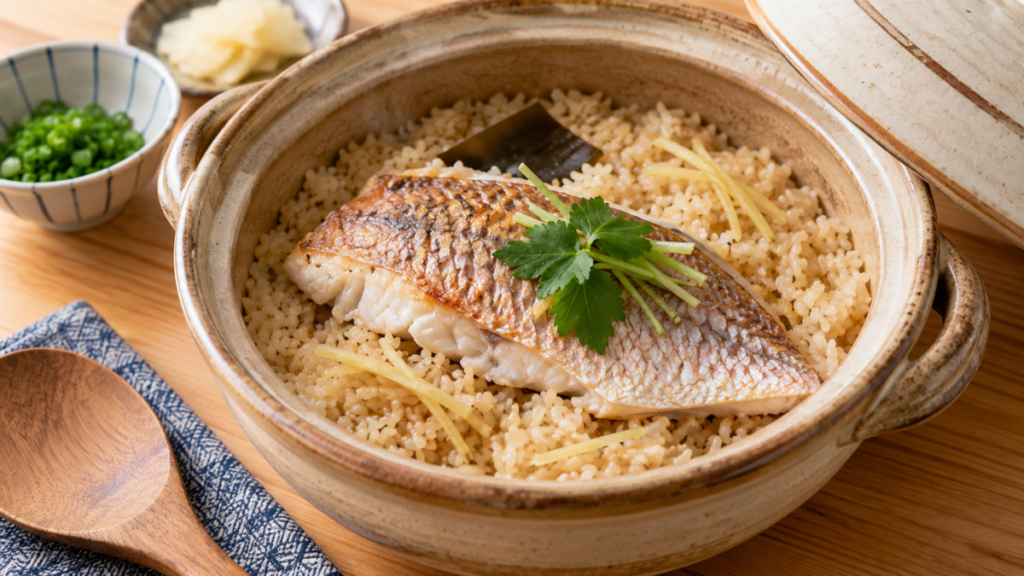 土鍋で炊いたご飯の上に焼いたマダイの切り身をのせ、しょうがと三つ葉を添えた鯛めしの料理写真