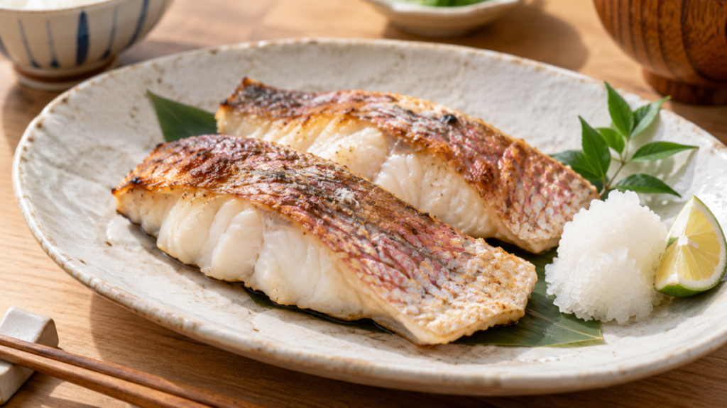 皮付きのマダイの切り身を香ばしく塩焼きにし、大根おろしとすだちを添えた料理写真