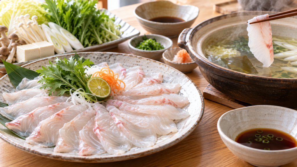 薄切りのマダイと白菜、水菜、長ねぎ、きのこを土鍋の昆布だしで味わう鯛しゃぶの料理写真