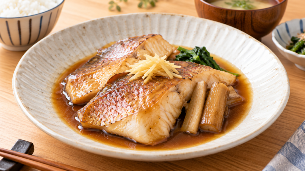 皮付きのマダイの切り身を甘辛い煮汁で煮付け、青菜と針しょうがを添えた料理写真