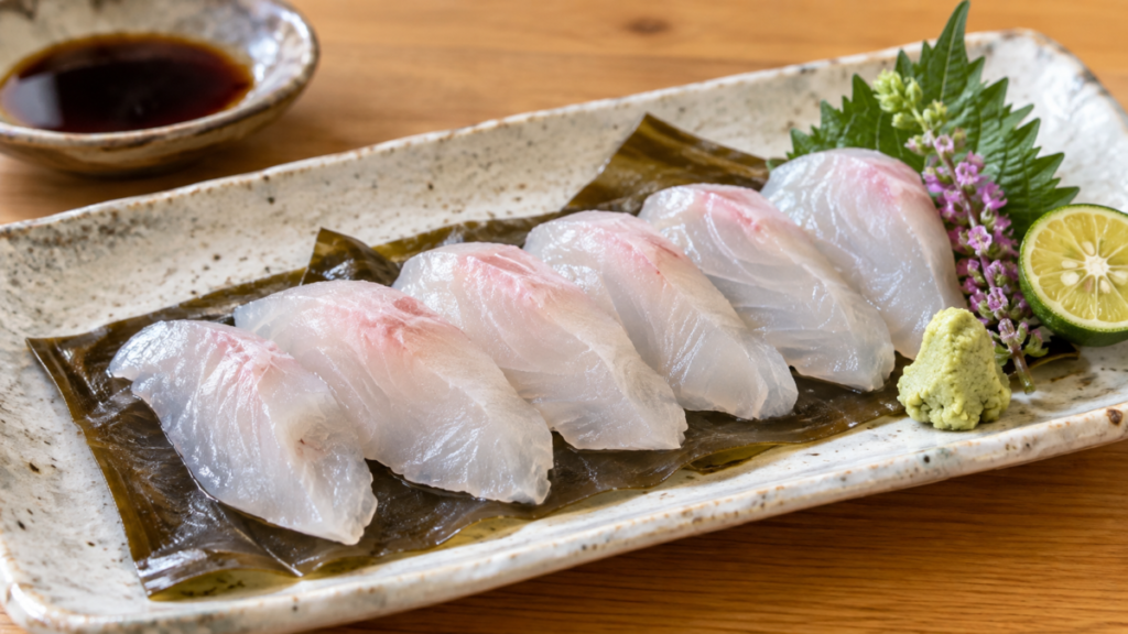 昆布の上に薄切りのマゴチの白身を並べ、大葉、わさび、すだちを添えた昆布締めの料理写真