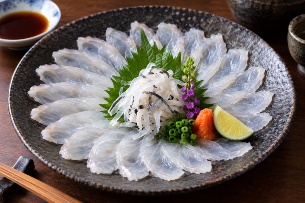 薄く切ったマゴチの白身を円形に盛り付け、大葉、大根のつま、薬味、すだちを添えた薄造りの料理写真