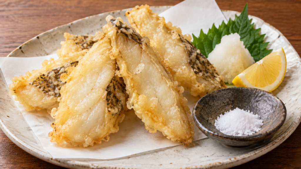 マゴチの白身の切り身を薄い衣で揚げ、大葉、大根おろし、レモン、塩と盛り付けた料理写真