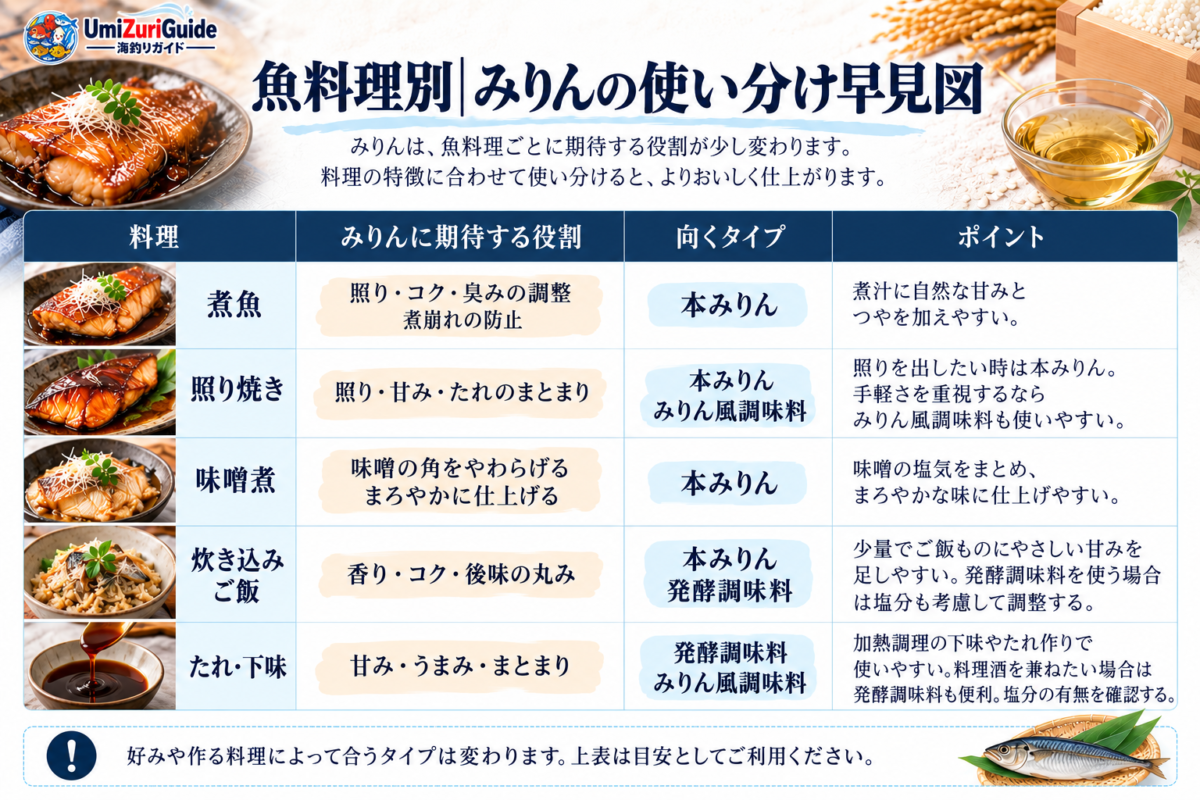 煮魚、照り焼き、味噌煮、炊き込みご飯、たれ・下味でのみりんの役割と向くタイプをまとめた早見図